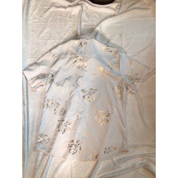 Zeroyaa Mens Small Short Sleeve Button Up White Shiny Gold Paisley Shirt - Picture 12 of 16